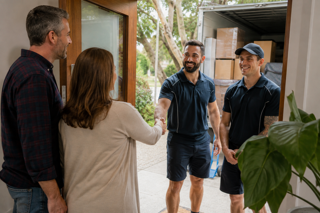 Homeowners greeting expert Brisbane removalists at their front door as they arrive with a moving truck and boxes.