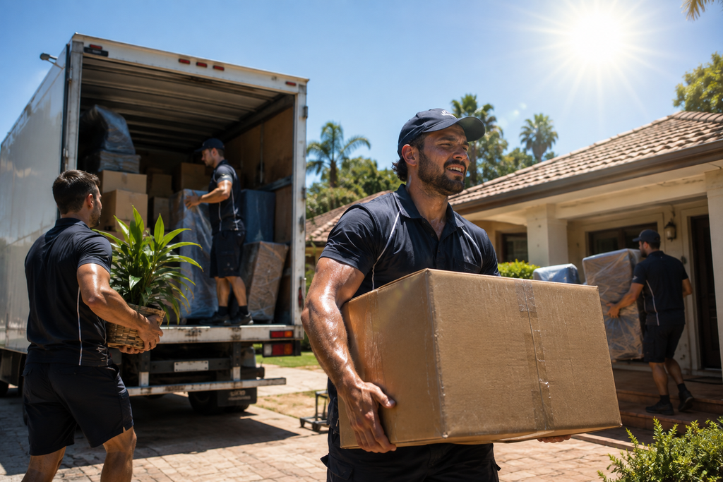 Removalists work under the hot Brisbane, Australian summer sun, carrying boxes and furniture between a suburban home and moving truck.