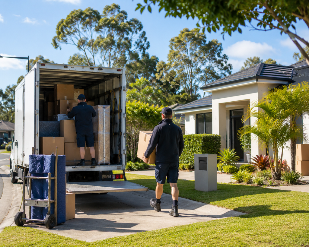 Removalists comfortably move boxes and furniture during a cool Brisbane Australian winter day outside a suburban home.