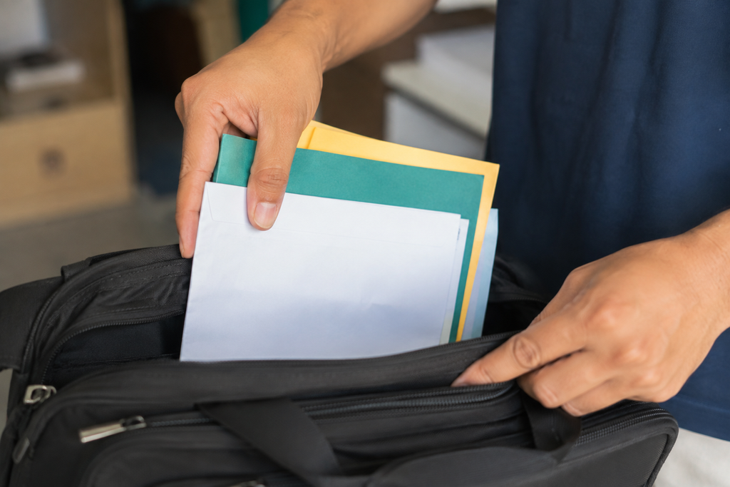 Close-up of hands placing important documents and folders into a black bag before moving day
